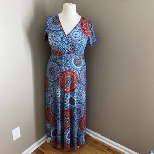 Poseshe Blue Multi Medallion Print Short Sleeve Jersey Maxi V Neck Dress Size XL
